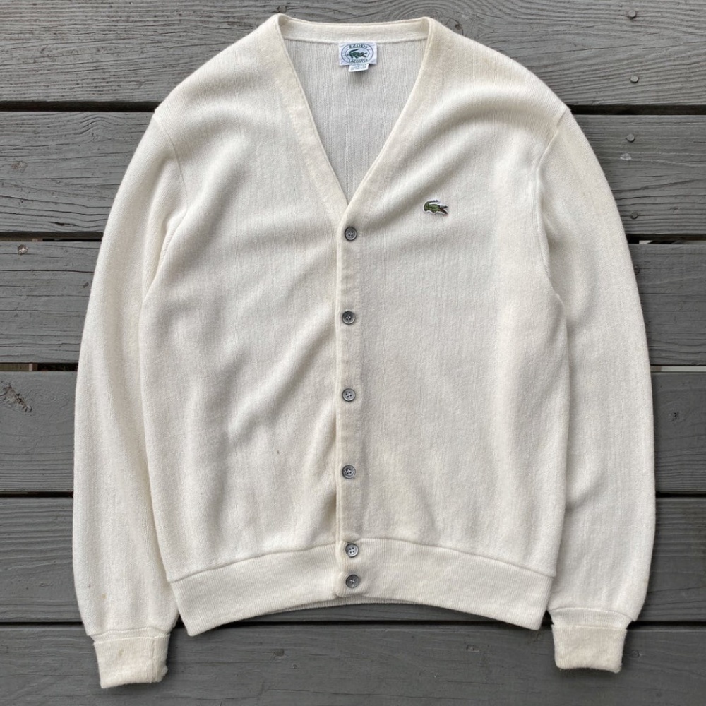 Vintage 60s Izod Lacoste Men Sweater Knit Cardigan Ivory Cream Sz XL